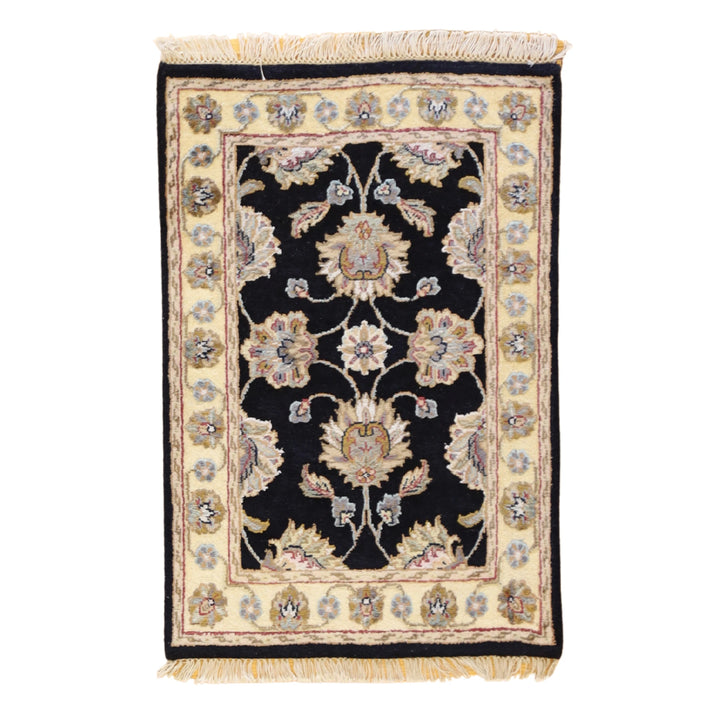 2'0" x 3'0" BLACK AND GOLD JAIPUR FLORAL INDIAN RUG