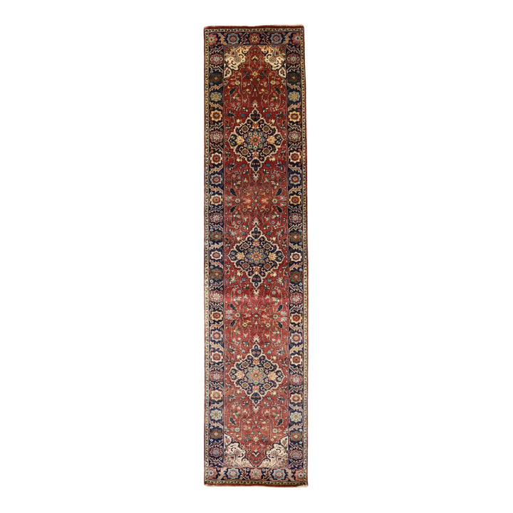2' 7" x 11' 8" RED AND BLUE SERAPI GEOMETRIC INDIAN RUG