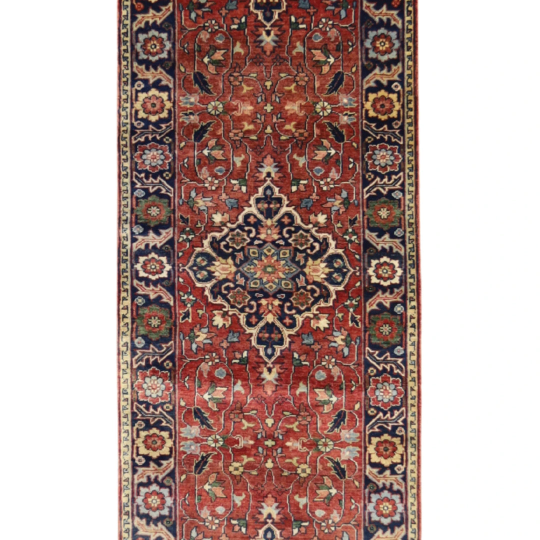 2' 7" x 11' 8" RED AND BLUE SERAPI GEOMETRIC INDIAN RUG