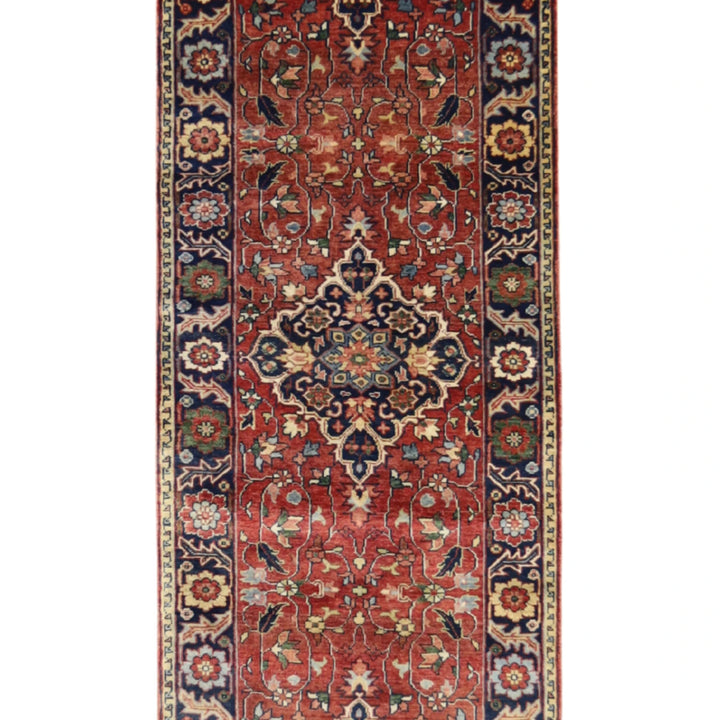 2' 7" x 11' 8" RED AND BLUE SERAPI GEOMETRIC INDIAN RUG