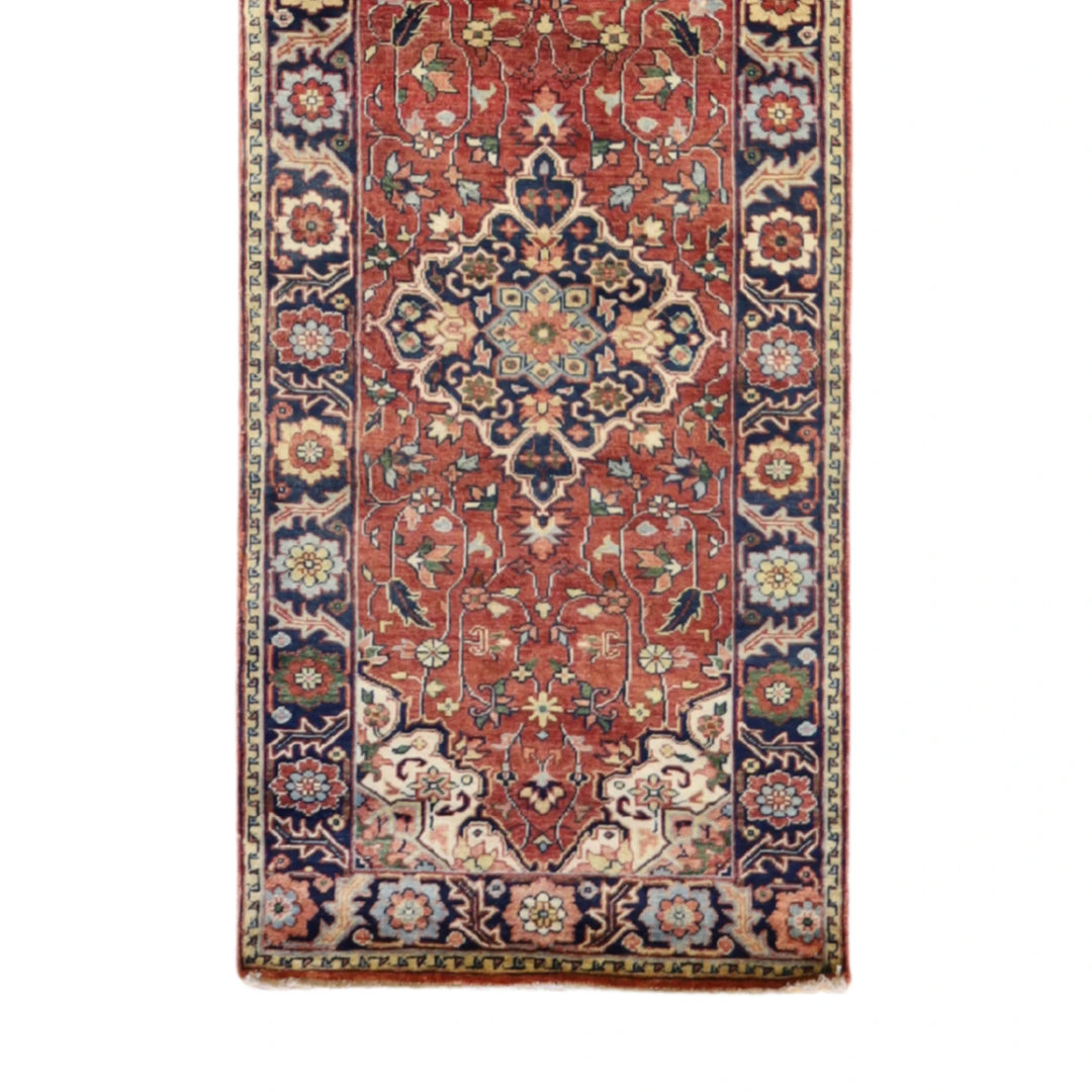 2' 7" x 11' 8" RED AND BLUE SERAPI GEOMETRIC INDIAN RUG