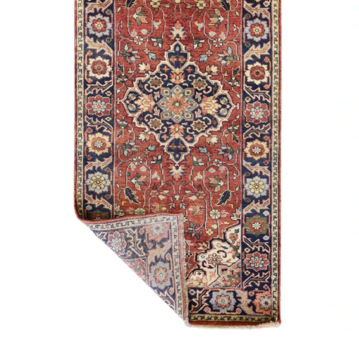 2' 7" x 11' 8" RED AND BLUE SERAPI GEOMETRIC INDIAN RUG