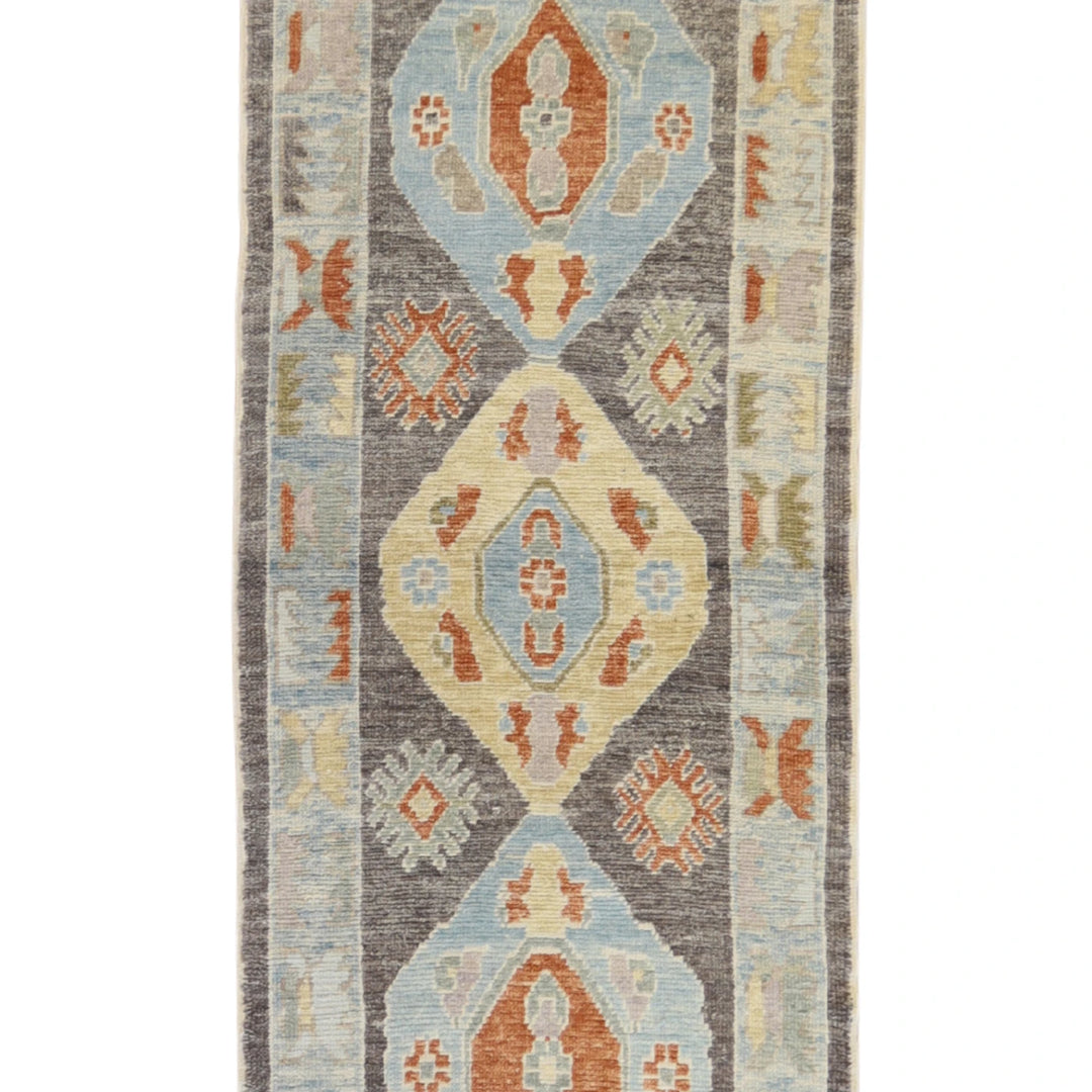 3' 0" x 10' 3" GRAY AND BLUE OUSHAK GEOMETRIC TURKISH RUG