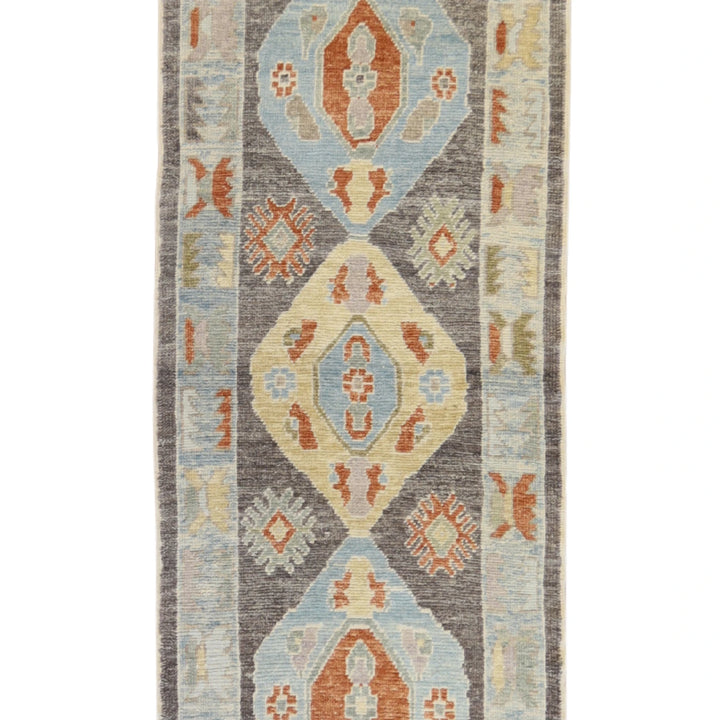 3' 0" x 10' 3" GRAY AND BLUE OUSHAK GEOMETRIC TURKISH RUG