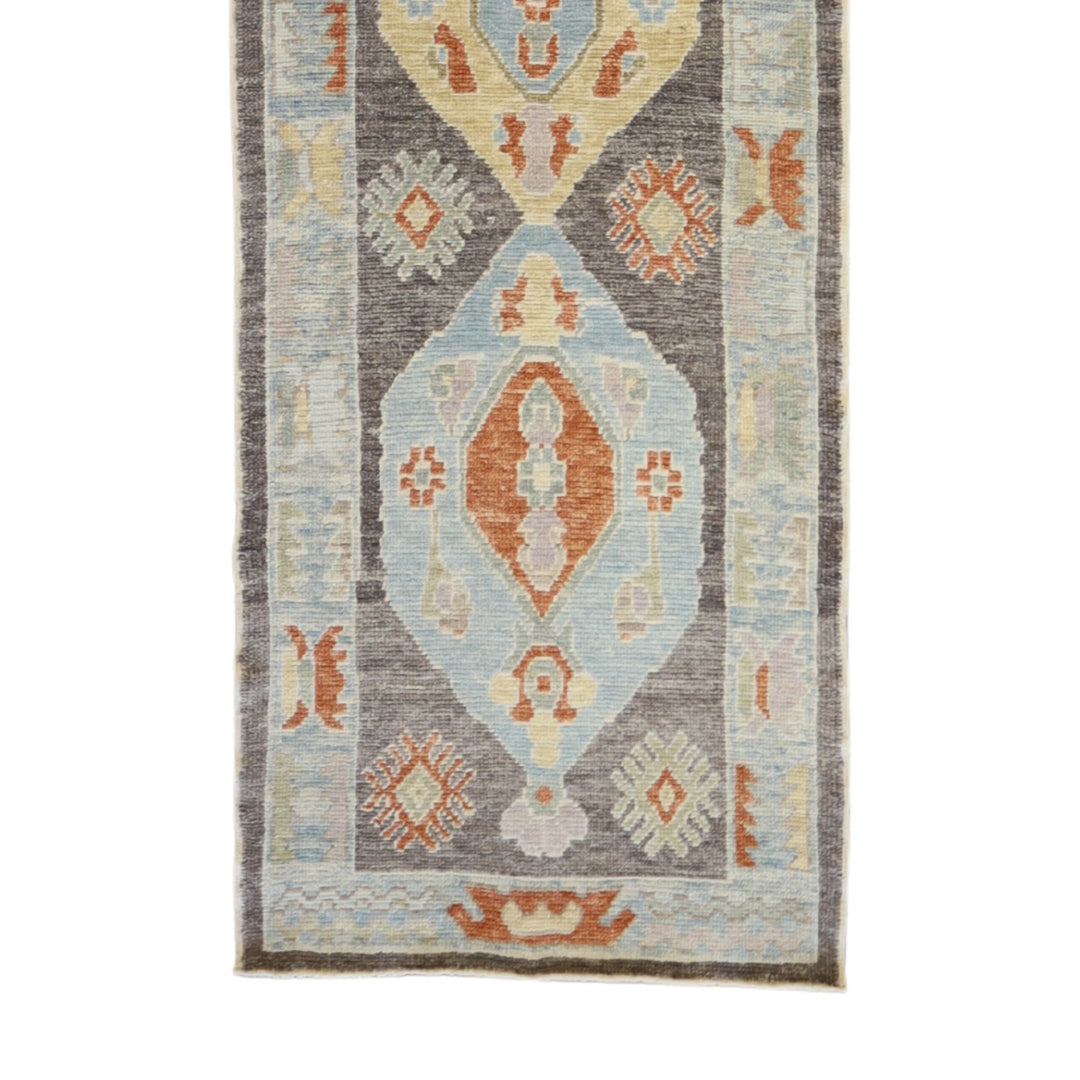 3' 0" x 10' 3" GRAY AND BLUE OUSHAK GEOMETRIC TURKISH RUG