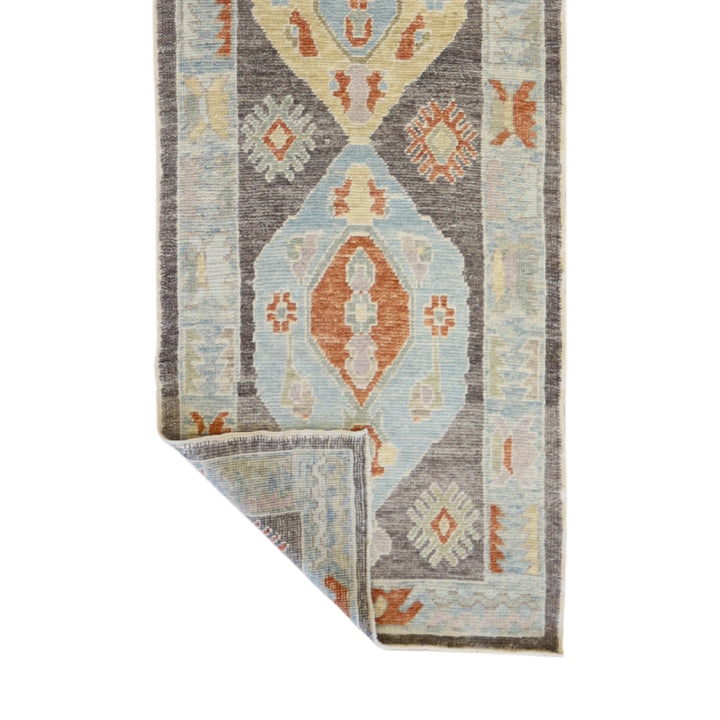 3' 0" x 10' 3" GRAY AND BLUE OUSHAK GEOMETRIC TURKISH RUG