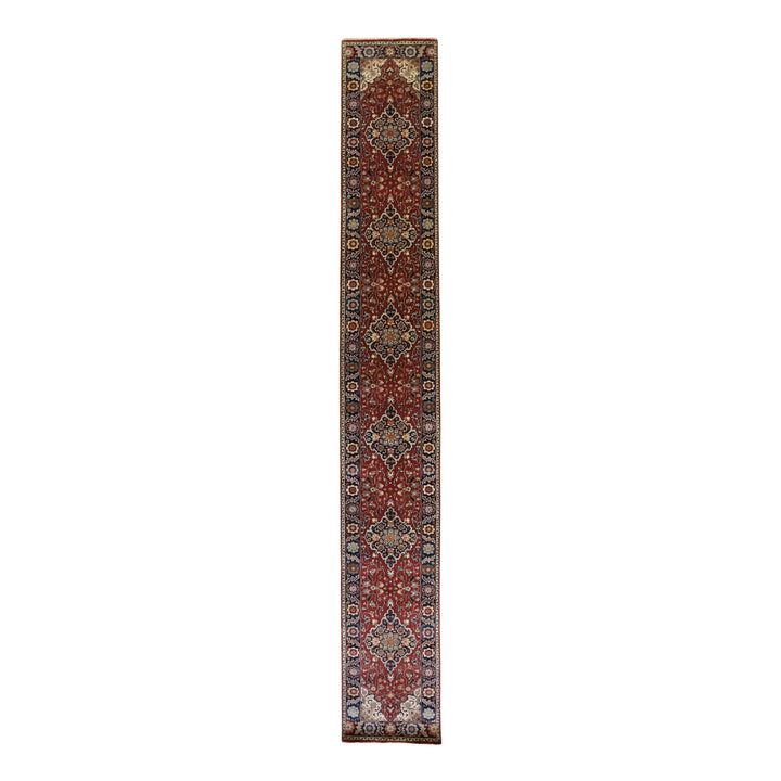 2' 7" x 18' 1" RUST AND NAVY SERAPI GEOMETRIC INDIAN RUG