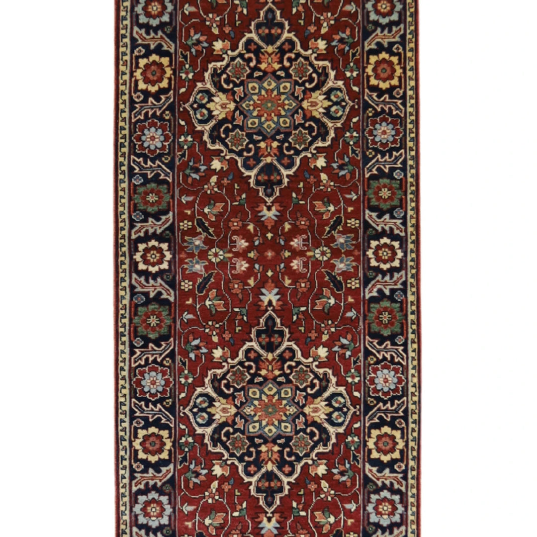 2' 7" x 18' 1" RUST AND NAVY SERAPI GEOMETRIC INDIAN RUG