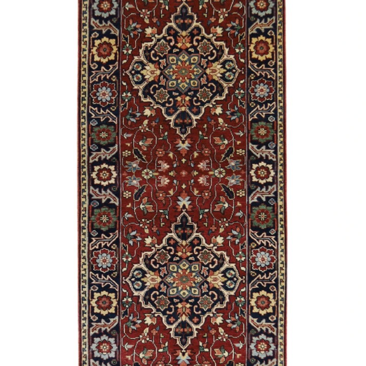 2' 7" x 18' 1" RUST AND NAVY SERAPI GEOMETRIC INDIAN RUG