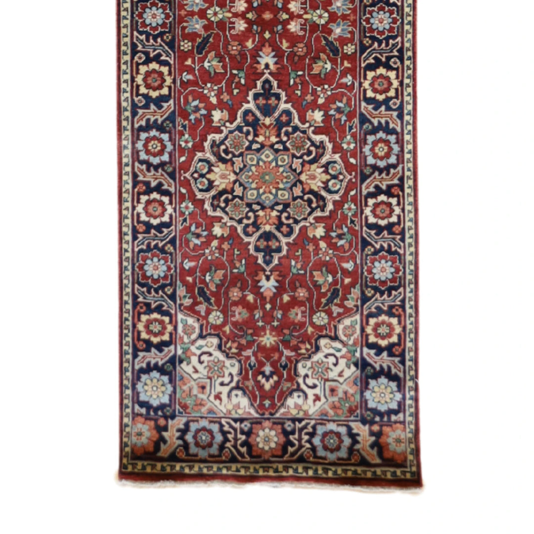 2' 7" x 18' 1" RUST AND NAVY SERAPI GEOMETRIC INDIAN RUG