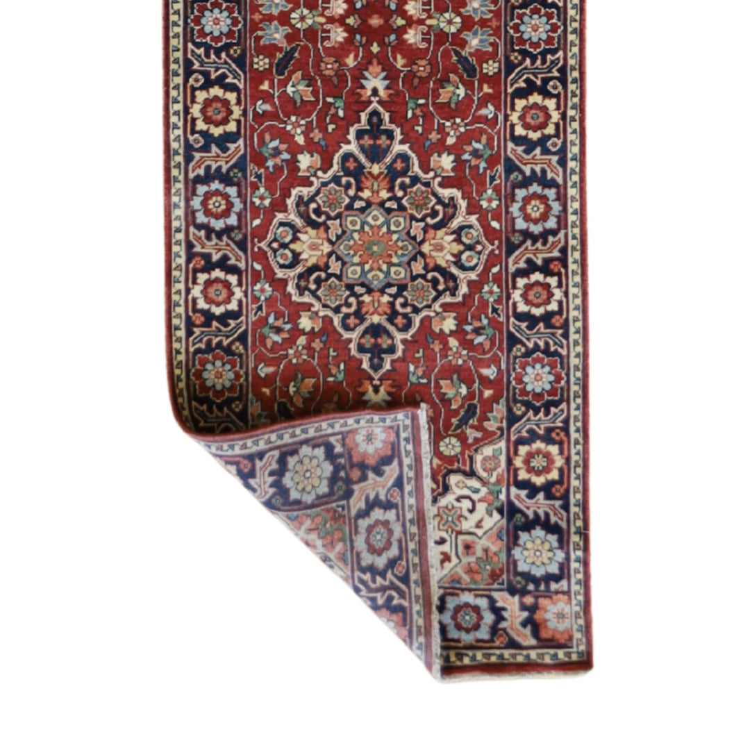 2' 7" x 18' 1" RUST AND NAVY SERAPI GEOMETRIC INDIAN RUG