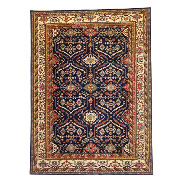 10'0" x 13'7" NAVY AND BEIGE KAZAK GEOMETRIC PAKISTANI RUG