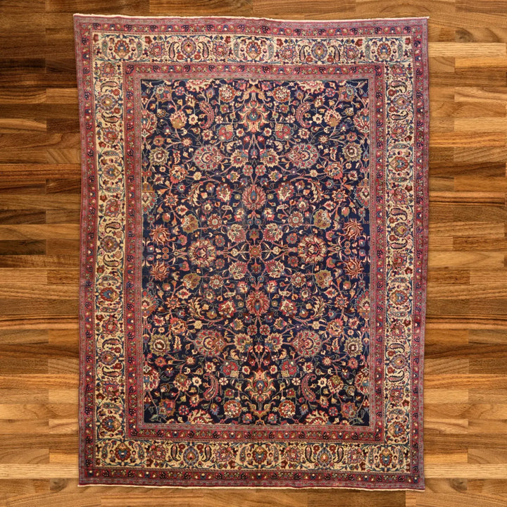 9'6" x 12'8" NAVY AND IVORY KHORASAN ANTIQUE PERSIAN RUG