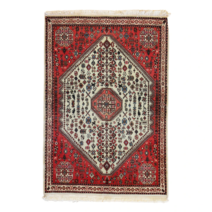 3'5" x 4'6" WHITE AND RED KARAJEH SEMIANTIQUE PERSIAN RUG