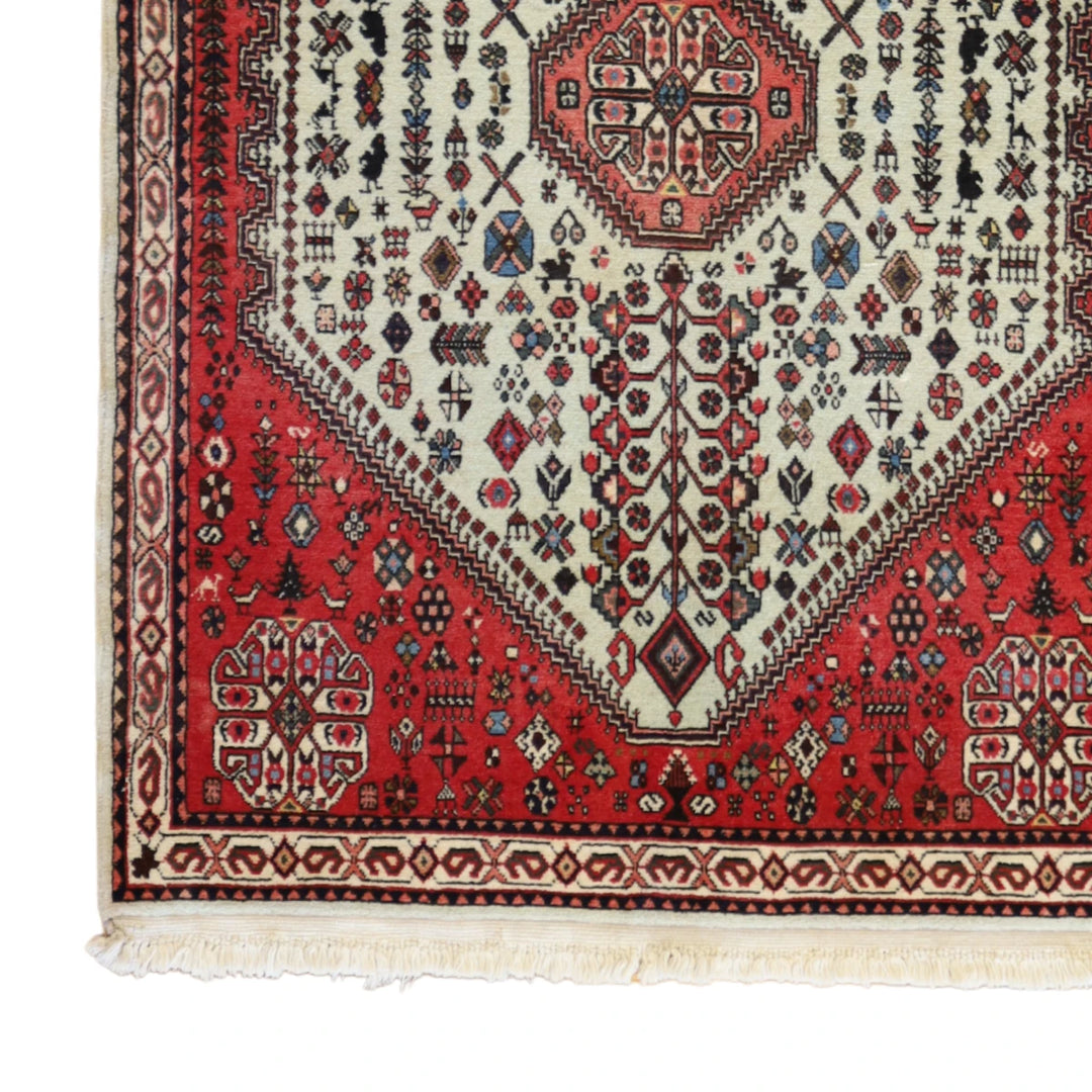3'5" x 4'6" WHITE AND RED KARAJEH SEMIANTIQUE PERSIAN RUG