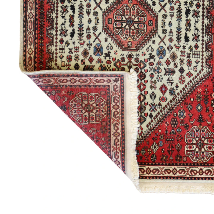 3'5" x 4'6" WHITE AND RED KARAJEH SEMIANTIQUE PERSIAN RUG