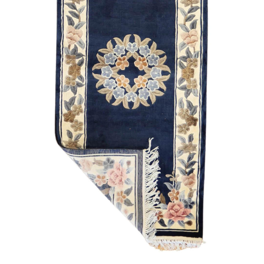 2' 4" x 10' 0" BLUE AND WHITE EUROPEAN FLORAL CHINESE RUG