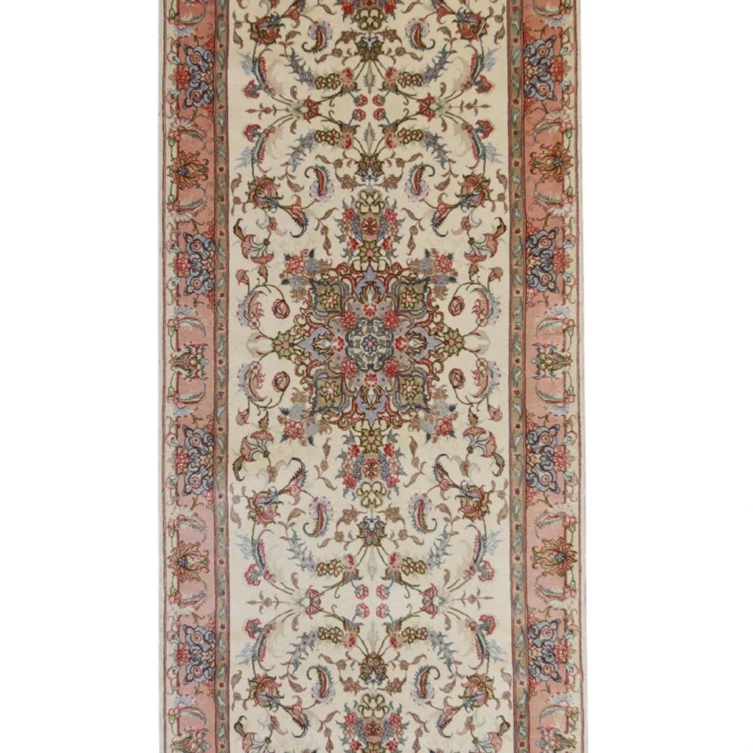 2'10" x 10'7" IVORY AND PINK TABRIZ FLORAL PERSIAN RUG