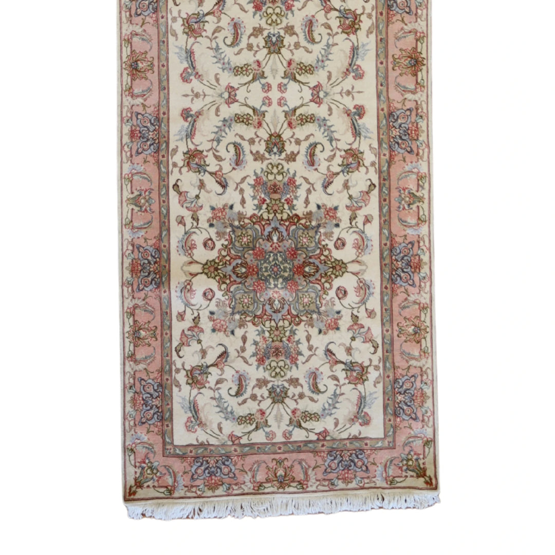 2'10" x 10'7" IVORY AND PINK TABRIZ FLORAL PERSIAN RUG