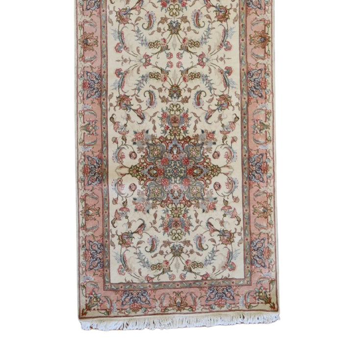 2'10" x 10'7" IVORY AND PINK TABRIZ FLORAL PERSIAN RUG