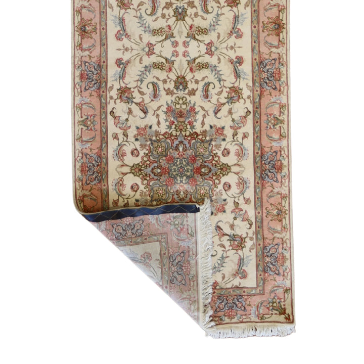 2'10" x 10'7" IVORY AND PINK TABRIZ FLORAL PERSIAN RUG