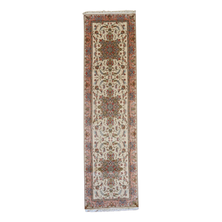 2'10" x 10'7" IVORY AND PINK TABRIZ FLORAL PERSIAN RUG