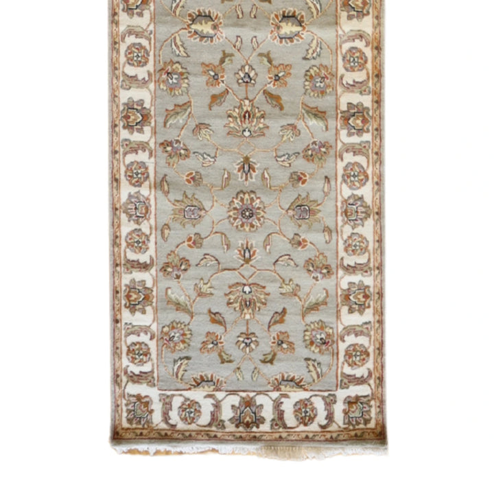 2' 6" x 13' 10" GRAY AND IVORY JAIPUR FLORAL INDIAN RUG