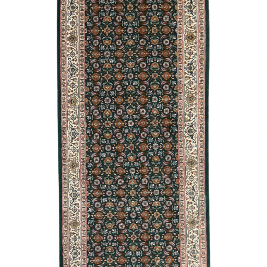 2' 8" x 11' 7" GREEN AND WHITE TABRIZ FISH DESIGN PERSIAN RUG