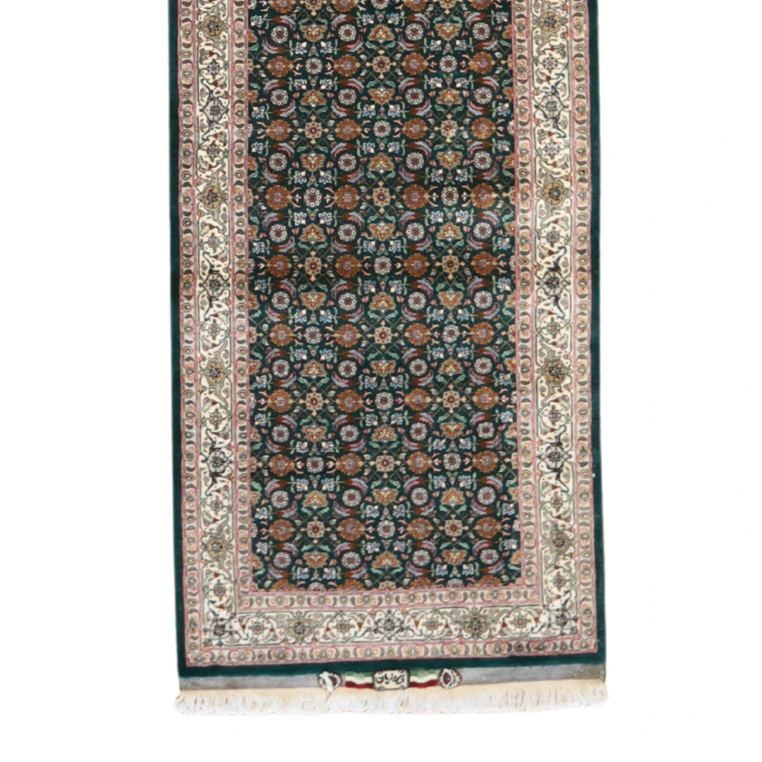 2' 8" x 11' 7" GREEN AND WHITE TABRIZ FISH DESIGN PERSIAN RUG