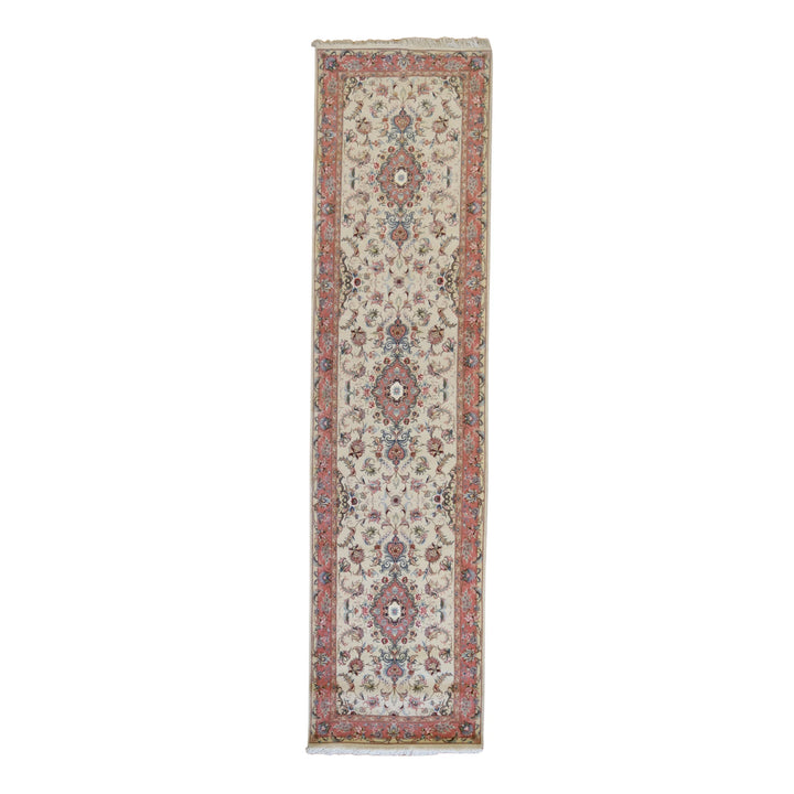 2'9" x 10'11" WHITE AND SALMON TABRIZ FLORAL PERSIAN RUG