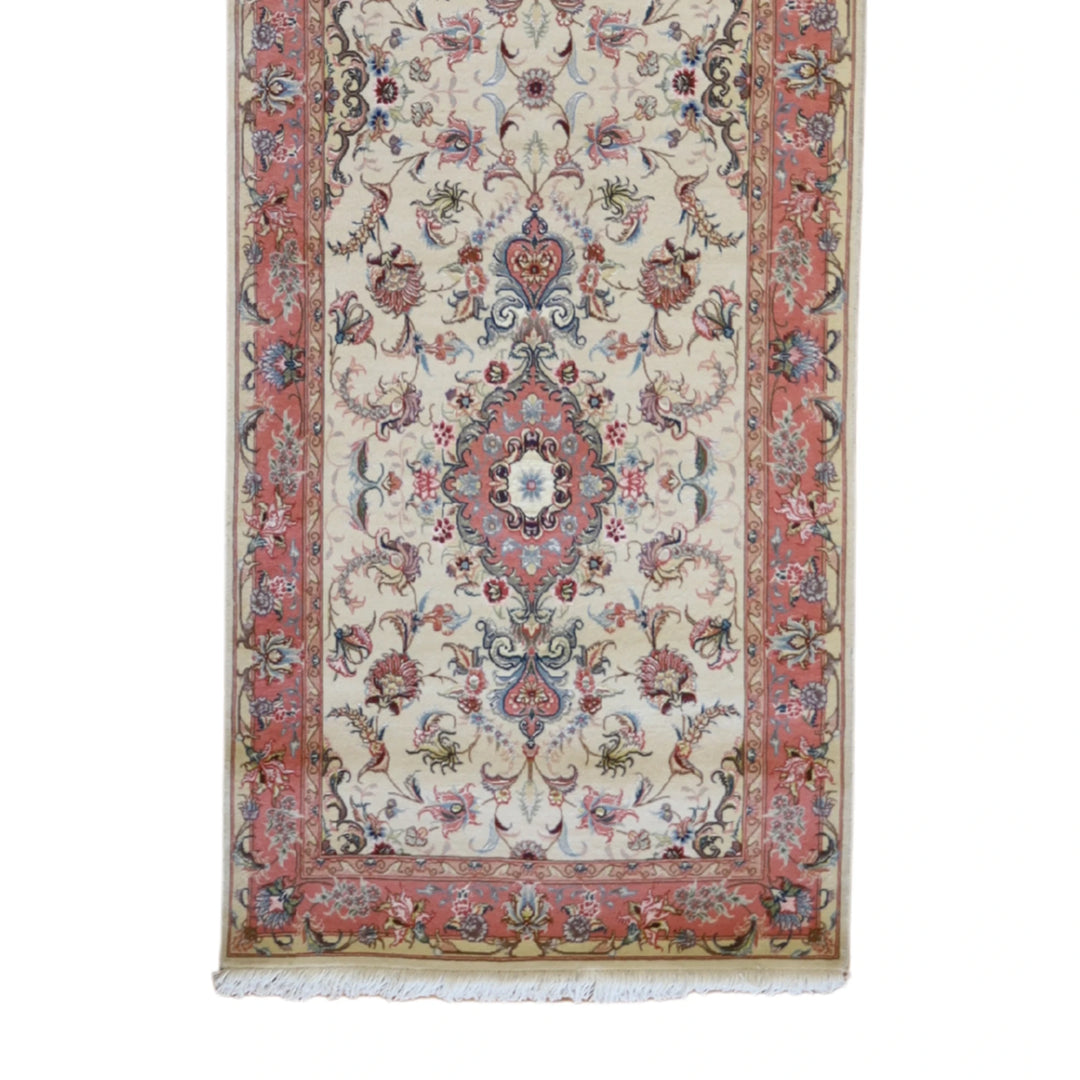 2'9" x 10'11" WHITE AND SALMON TABRIZ FLORAL PERSIAN RUG
