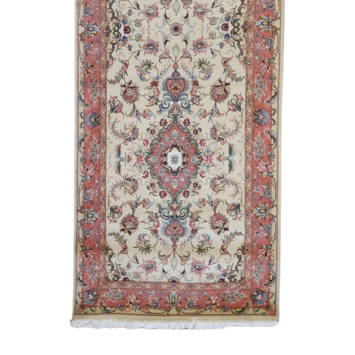 2'9" x 10'11" WHITE AND SALMON TABRIZ FLORAL PERSIAN RUG