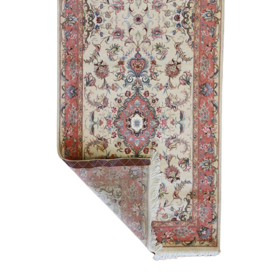 2'9" x 10'11" WHITE AND SALMON TABRIZ FLORAL PERSIAN RUG