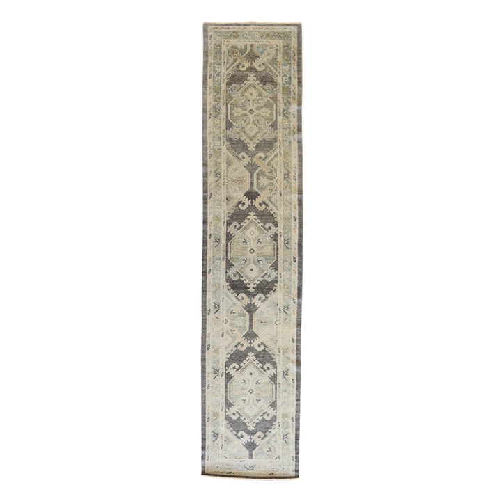 2' 9" x 12' 8" GRAY AND BLUE OUSHAK GEOMETRIC TURKISH RUG