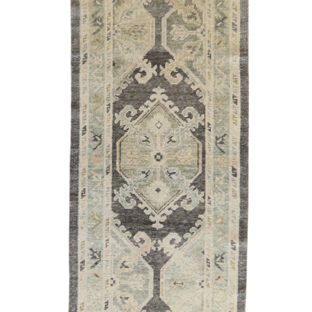 2' 9" x 12' 8" GRAY AND BLUE OUSHAK GEOMETRIC TURKISH RUG
