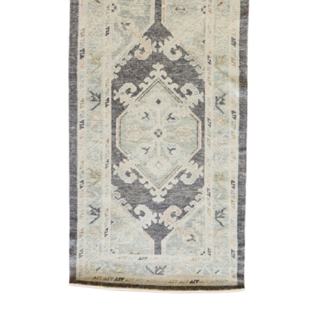 2' 9" x 12' 8" GRAY AND BLUE OUSHAK GEOMETRIC TURKISH RUG