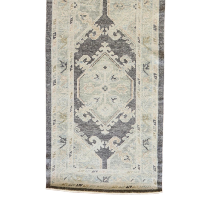 2' 9" x 12' 8" GRAY AND BLUE OUSHAK GEOMETRIC TURKISH RUG