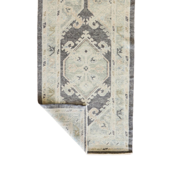 2' 9" x 12' 8" GRAY AND BLUE OUSHAK GEOMETRIC TURKISH RUG