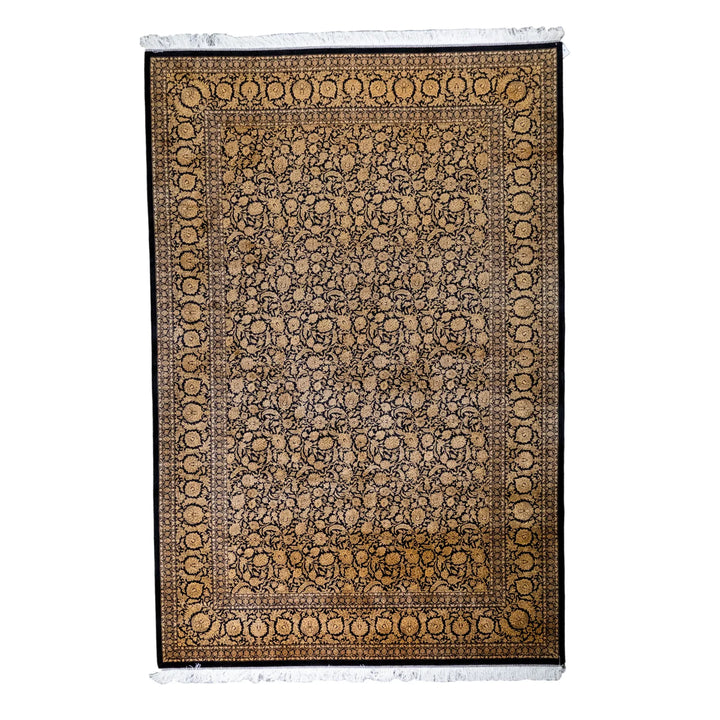 6' 7" x 9' 10" - GOLD AND BLACK MACHINE MADE FLORAL TURKISH RUG ( 200 x 300 CM )