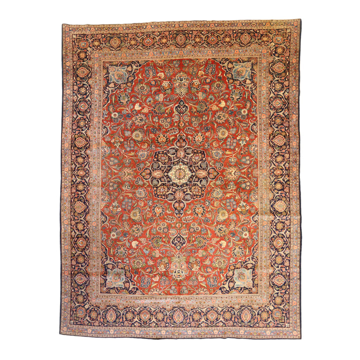 10'3" x 13'9" RUST AND NAVY KASHAN ANTIQUE PERSIAN RUG