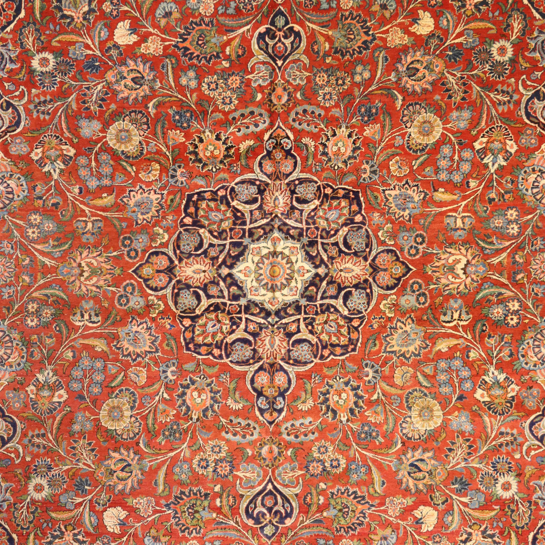 10'3" x 13'9" RUST AND NAVY KASHAN ANTIQUE PERSIAN RUG