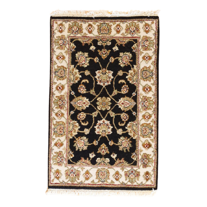 2'0" x 3'0" BLACK AND IVORY JAIPUR FLORAL INDIAN RUG