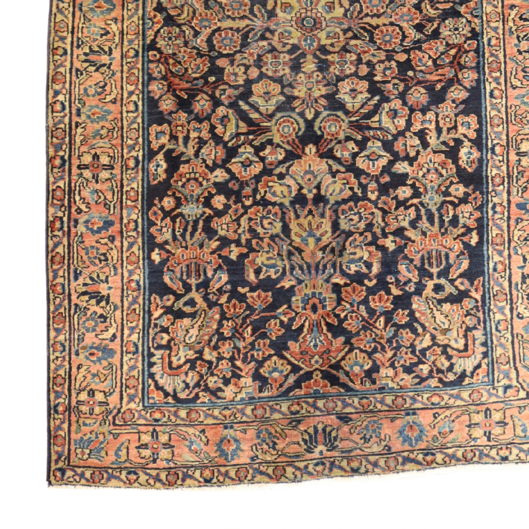 4'4" x 6'6" NAVY AND SALMON SAROUK ANTIQUE PERSIAN RUG