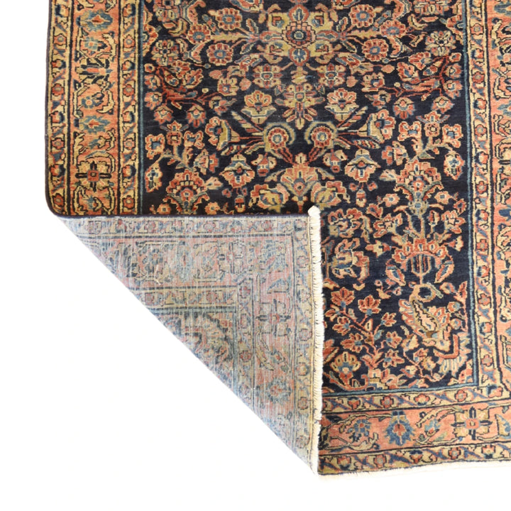 4'4" x 6'6" NAVY AND SALMON SAROUK ANTIQUE PERSIAN RUG