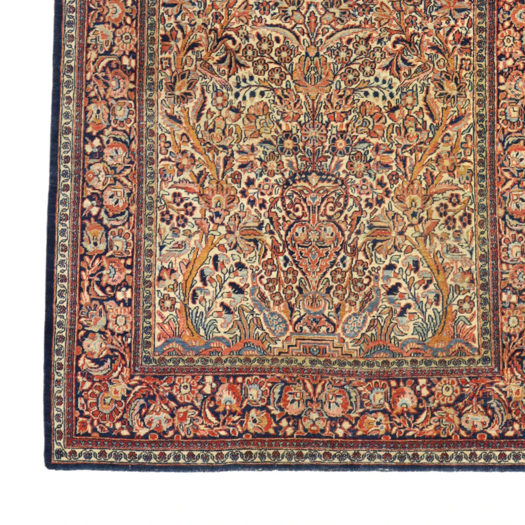 4'3" x 7'2" IVORY AND NAVY KASHAN ANTIQUE PERSIAN RUG