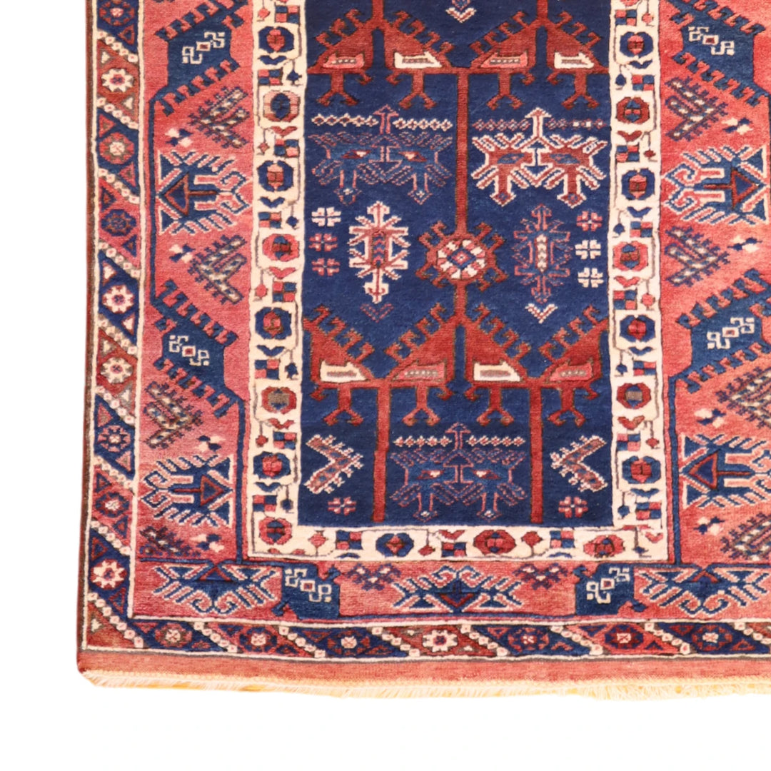 3'10" x 6'5" NAVY AND RED TRIBAL SEMIANTIQUE TURKISH RUG