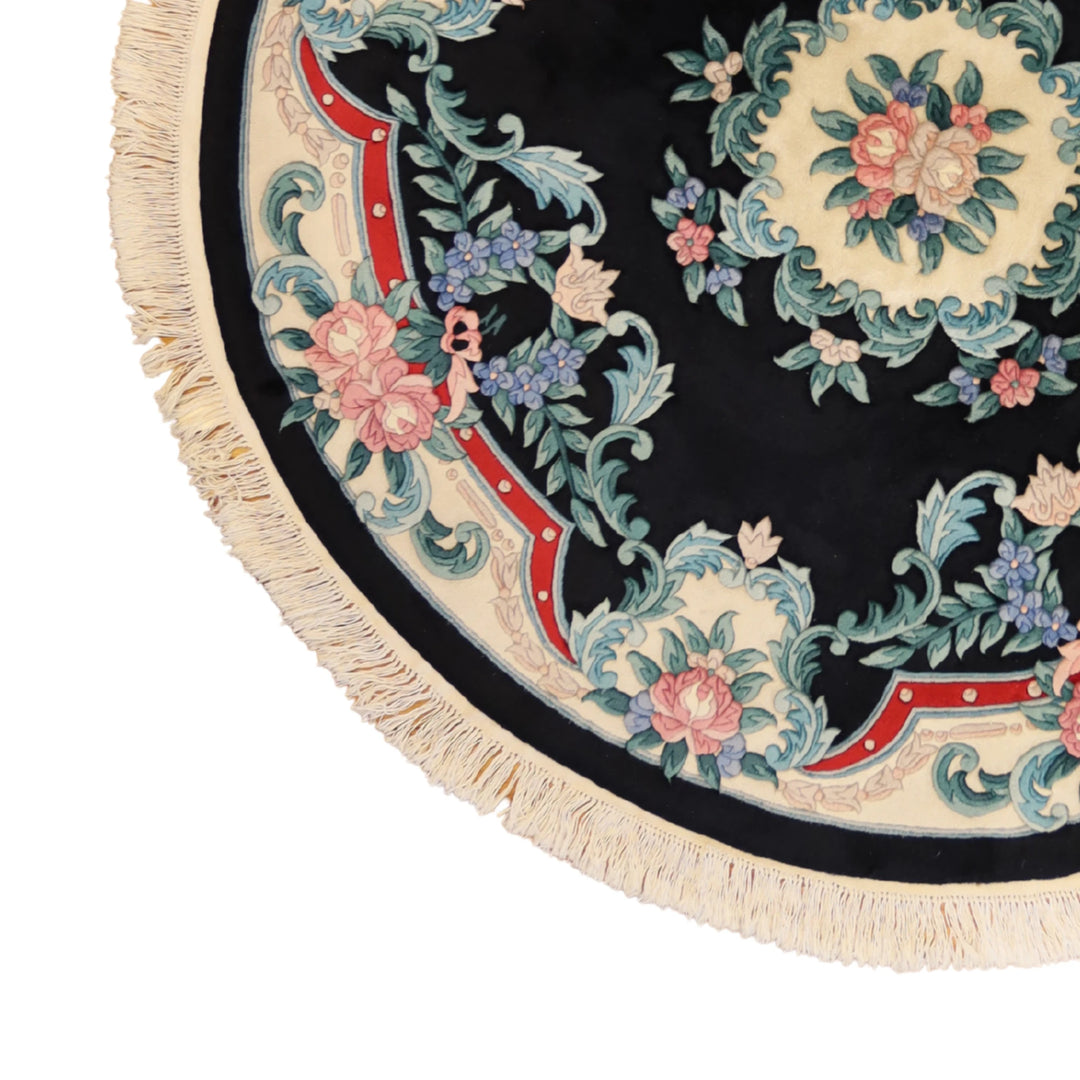 7'3" x 7'3" BLACK AND IVORY AUBUSSON FLORAL CHINESE RUG