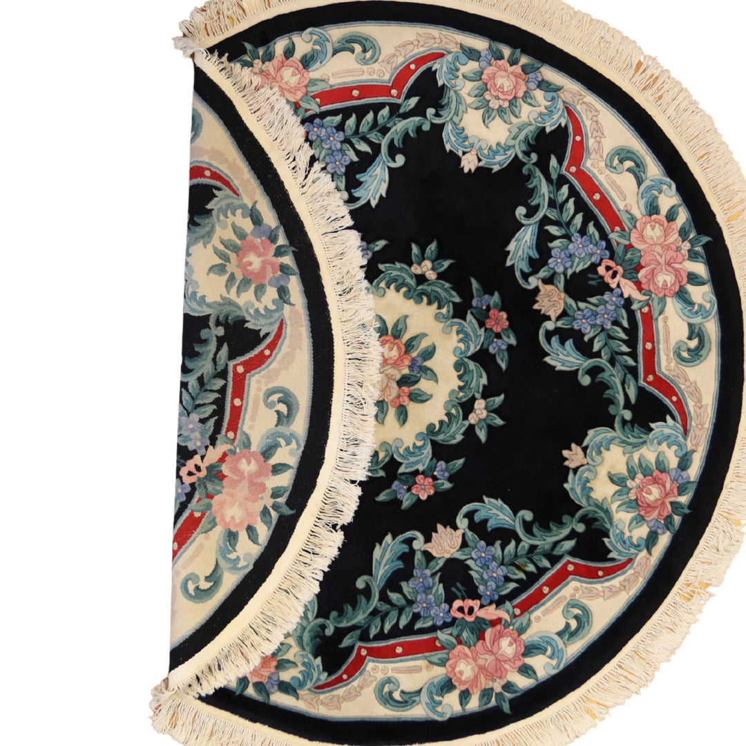 7'3" x 7'3" BLACK AND IVORY AUBUSSON FLORAL CHINESE RUG