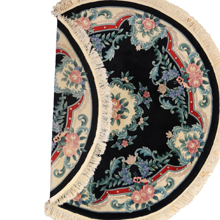 7'3" x 7'3" BLACK AND IVORY AUBUSSON FLORAL CHINESE RUG