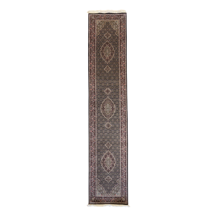 2'7" x 12'0" BLACK AND BURGUNDY TABRIZ FISH DESIGN CHINESE RUG